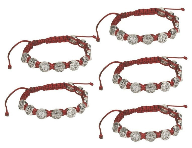Red St Saint Benedict Silver Tone Medal Adjustable Cord Rosary Bracelet Set of 5
