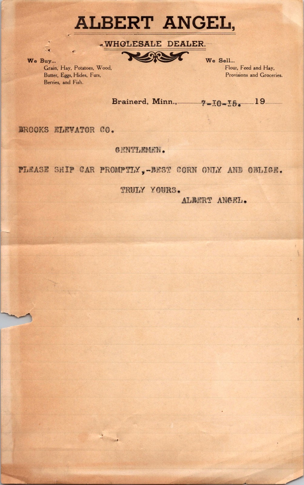 Albert Angel Wholesale Dealer 1915 Brainerd MN Antique Letterhead Billhead TB2