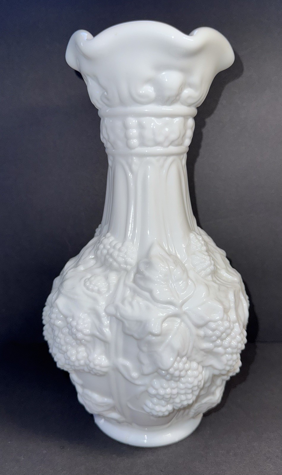 Loganberry Grape Vase Imperial Milk Glass 10 1/4\