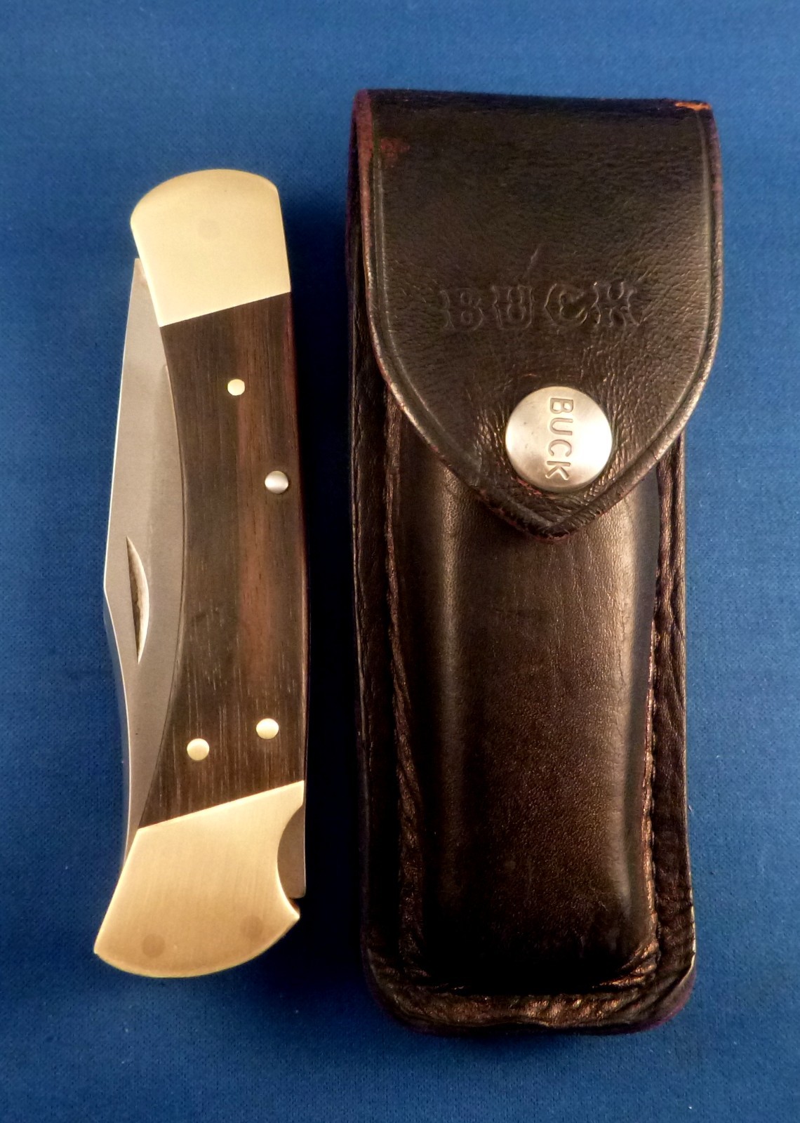 VTG BUCK 110 3 dot folding Hunter Pocket Knife USA 1980-81 w Buck leather sheath
