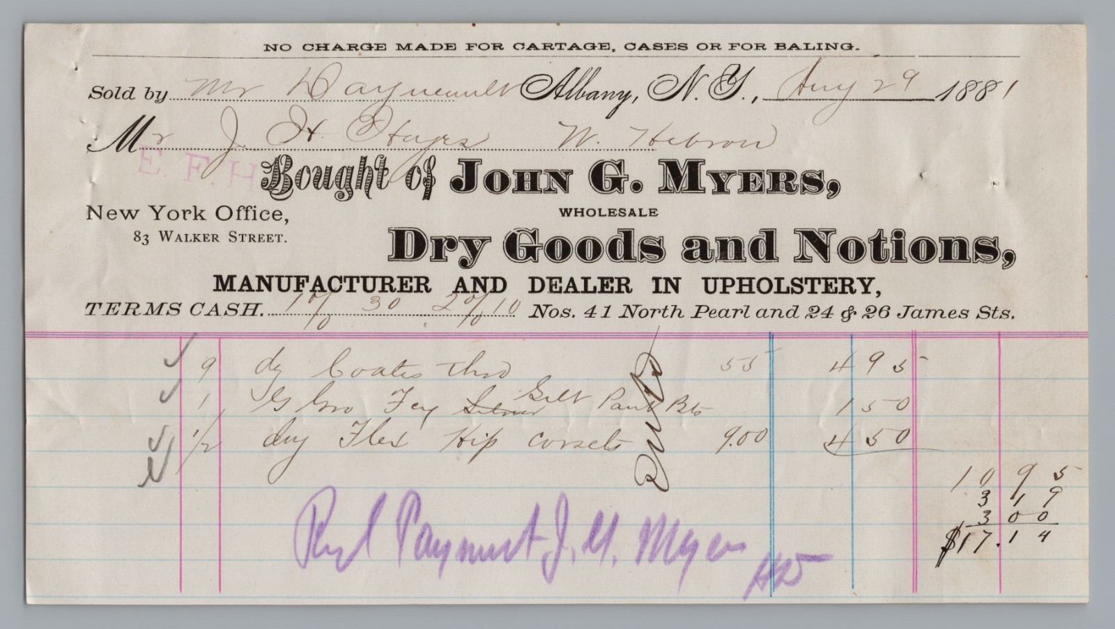 1881 Albany NY John G Myers Dry Goods & Notions Antique Billhead Invoice
