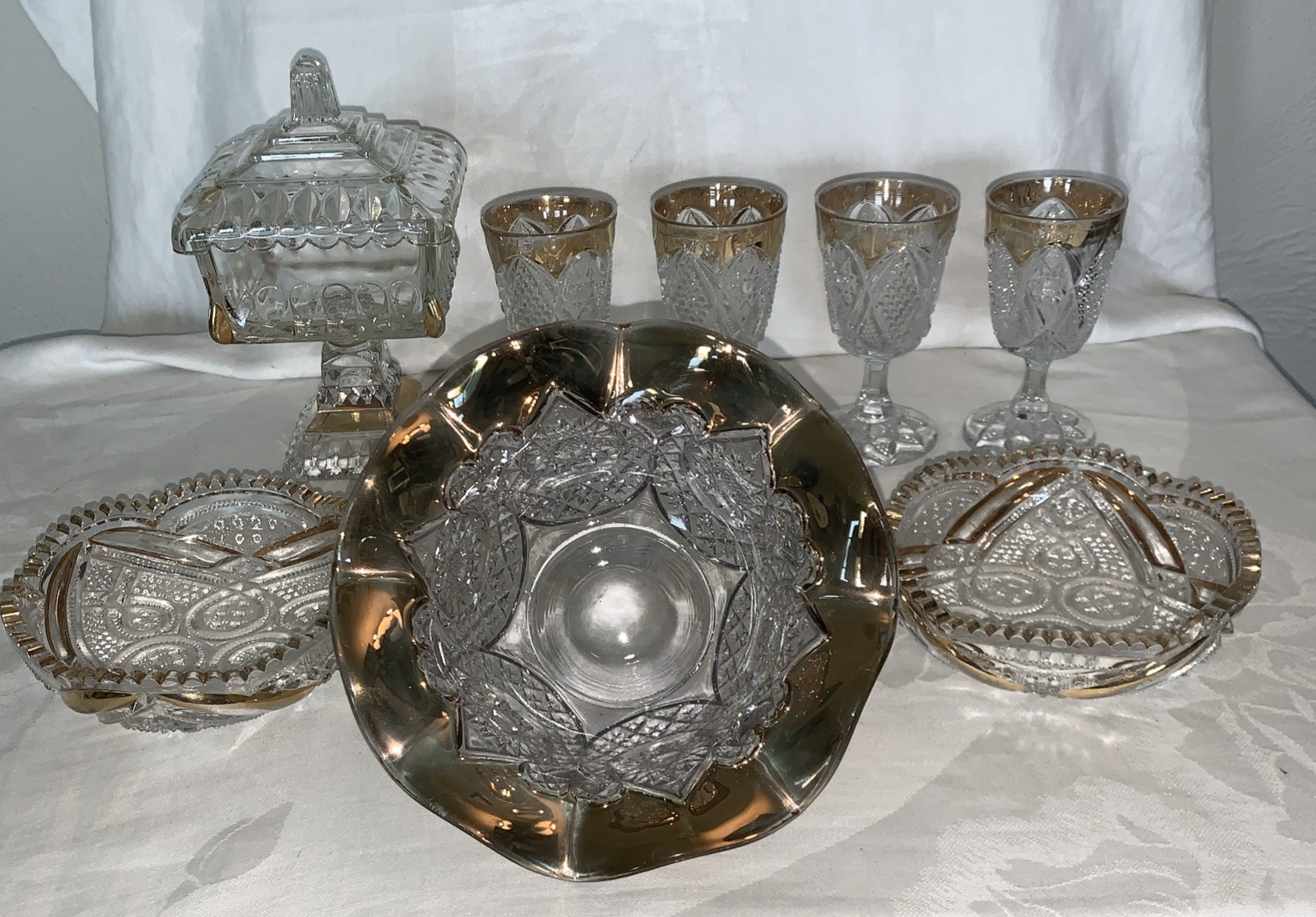 Lot of 8 Clear EAPG Glass pieces w gold trim Jeanette, Heisey,New Martinsville