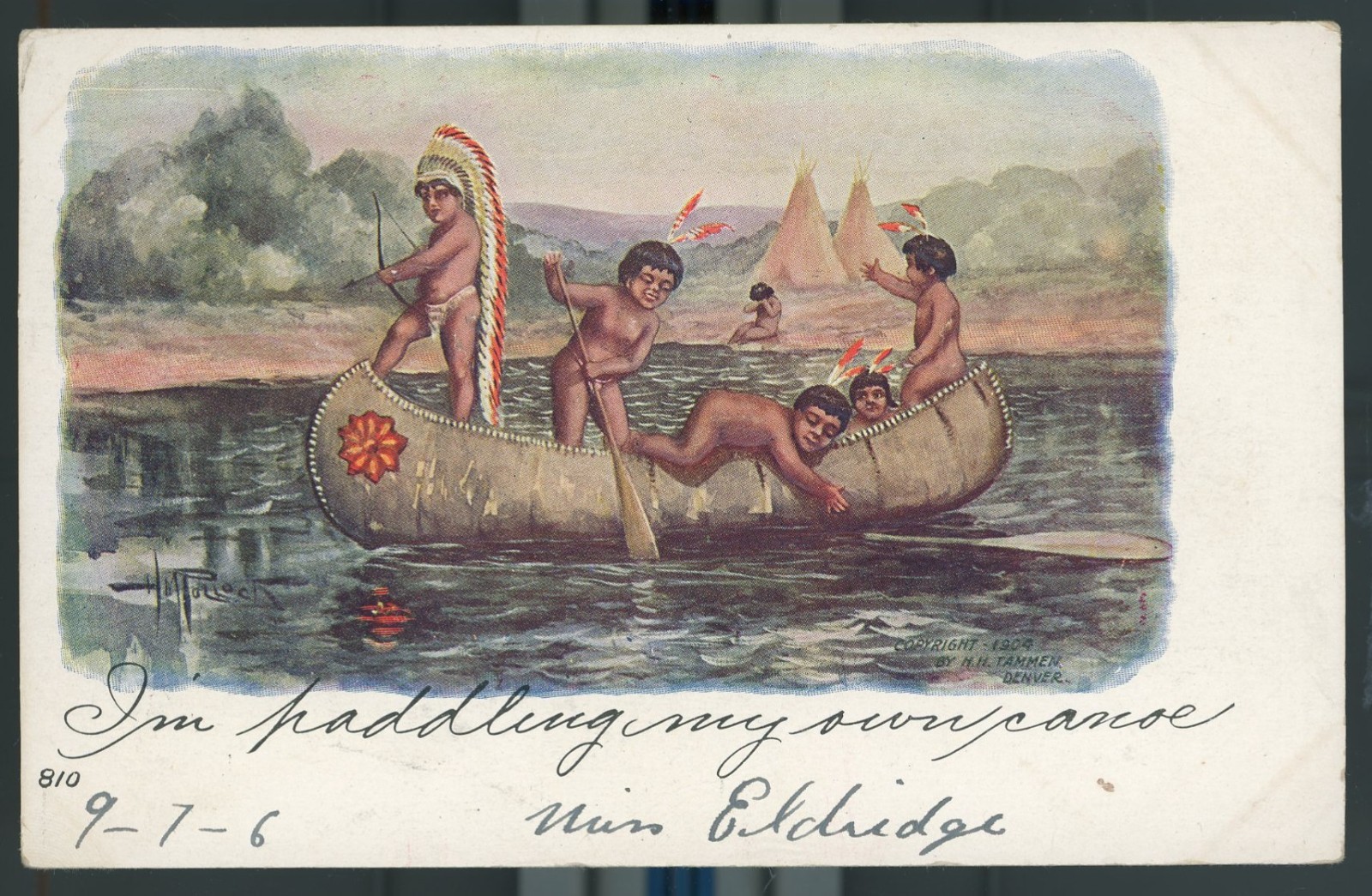 1906 Ft. Wayne Indiana posted Indian family artist postcard - canoe -