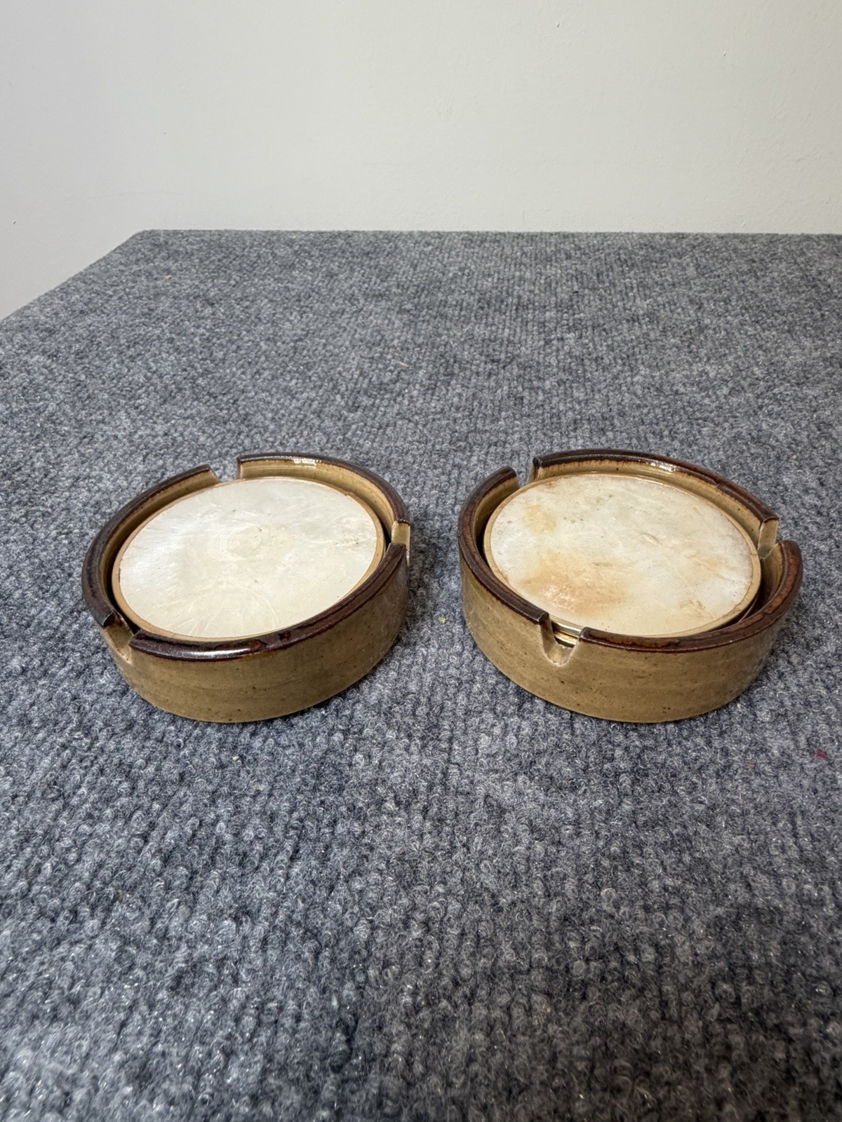 Vintage Japanese Ashtray Set 12 Mother of Pearl Metal Coasters