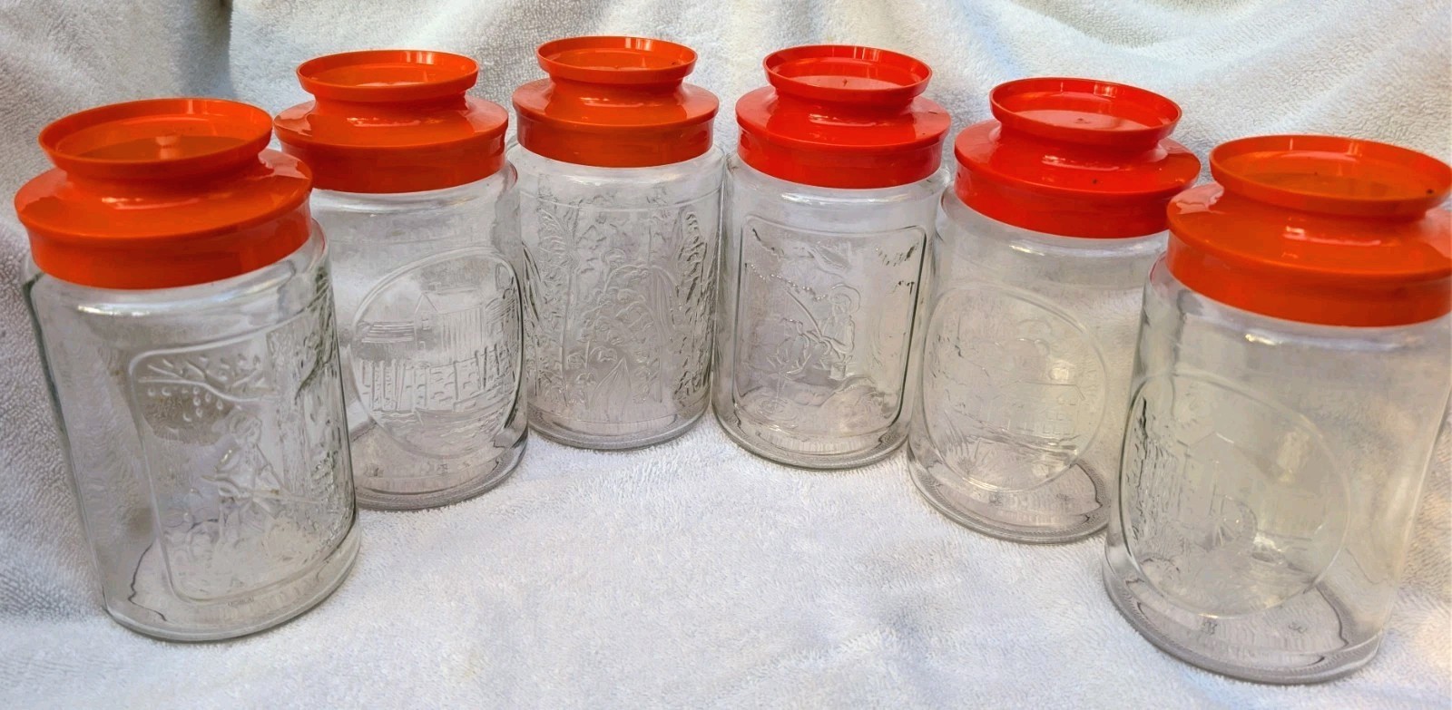 6 Vtg Anchor Hocking Tang Jars Orange Lid Summer Lilies Autumn Church Warf Wheel