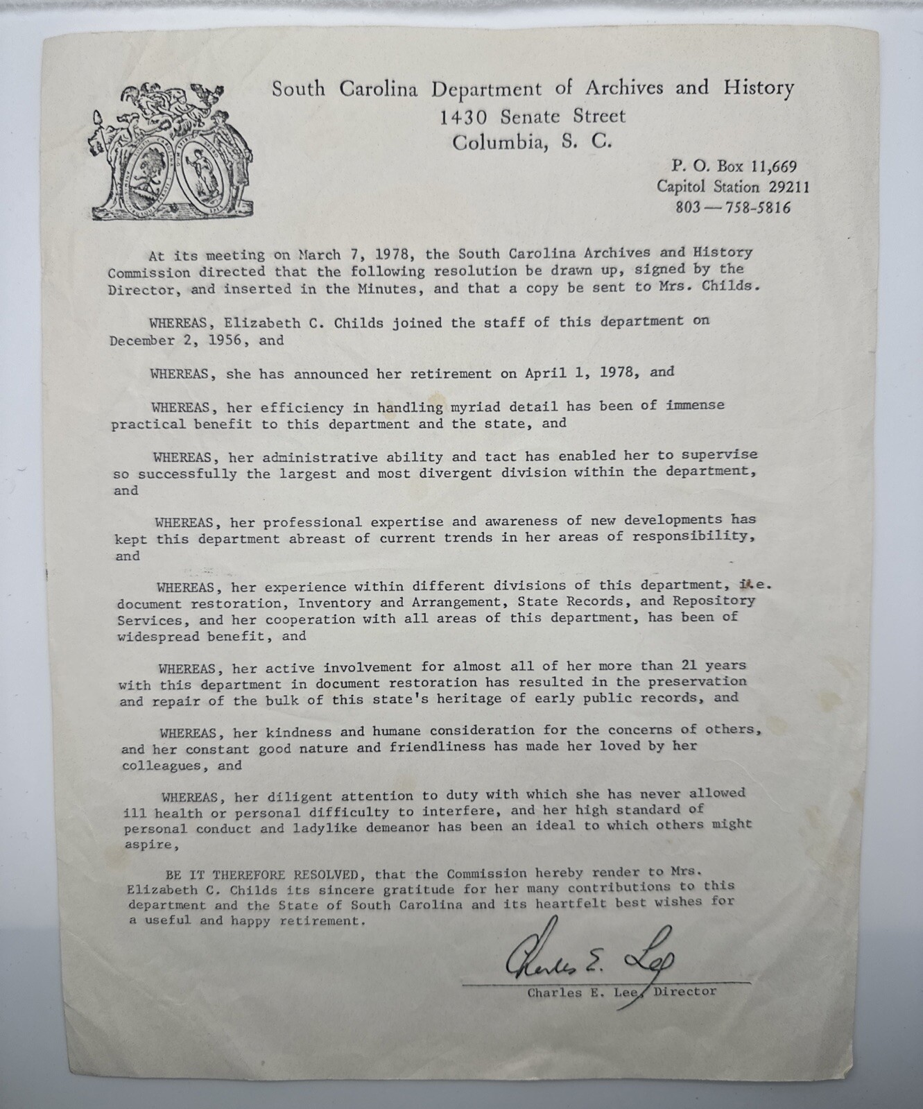1978 South Carolina Archives Retirement Letter Signed by Director Charles E. Lee