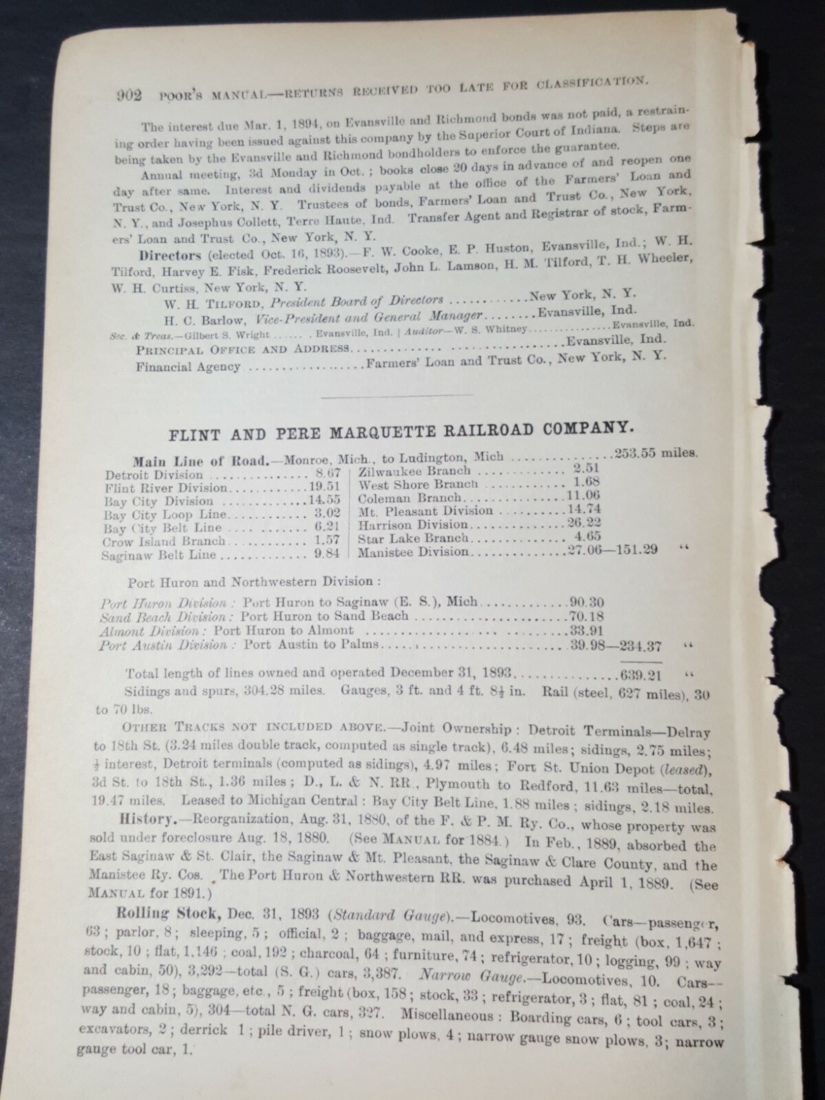 Original 1894 train report FLINT & PERE MARQUETTE RAILROAD Monroe Ludington MI 