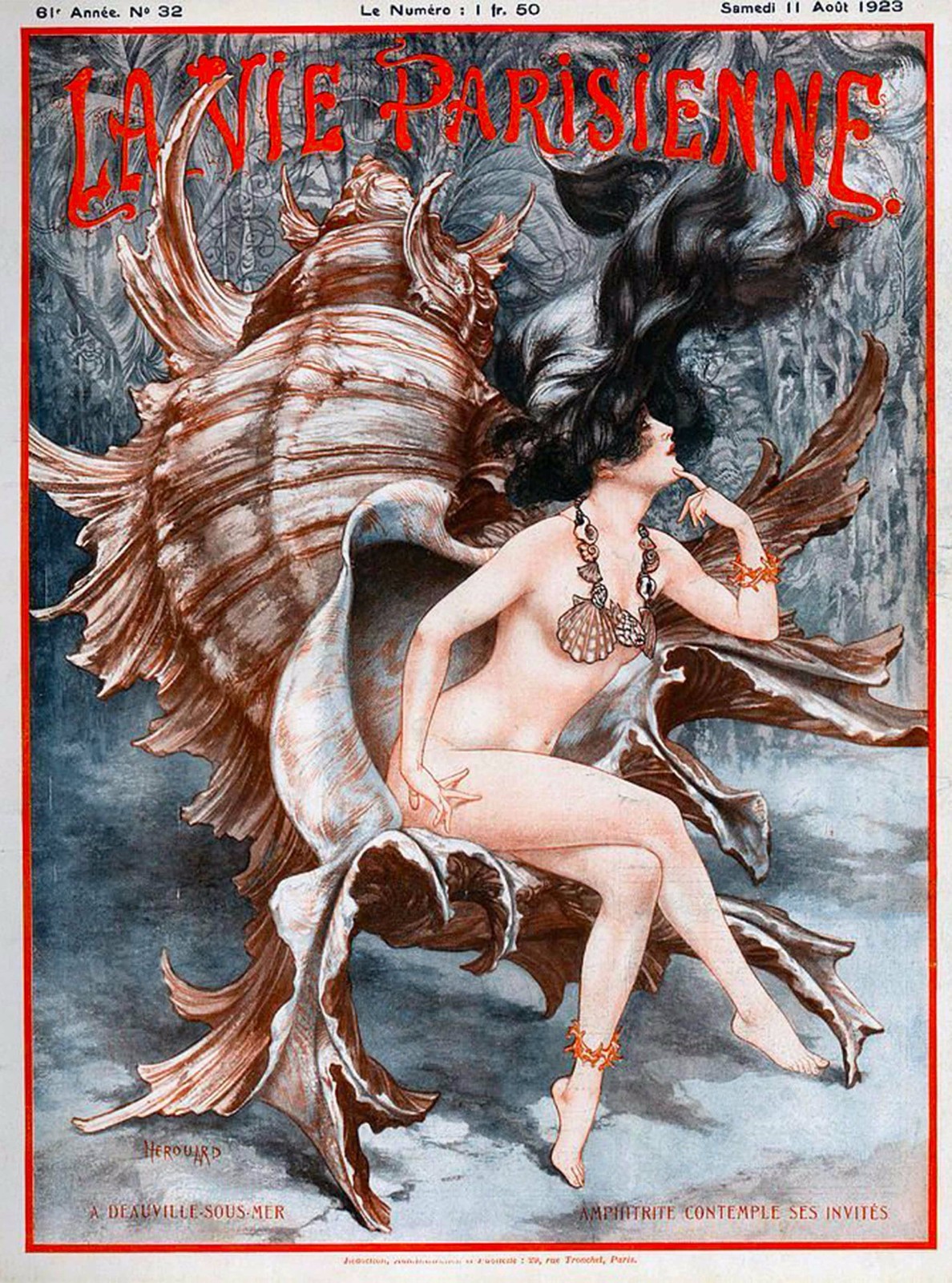 1923 La Vie Parisienne Nude in Conch Shell France Travel Advertisemnt Poster 1923 La Vie Parisienne Nude in Conch Shell France Travel Advertisemnt Poster