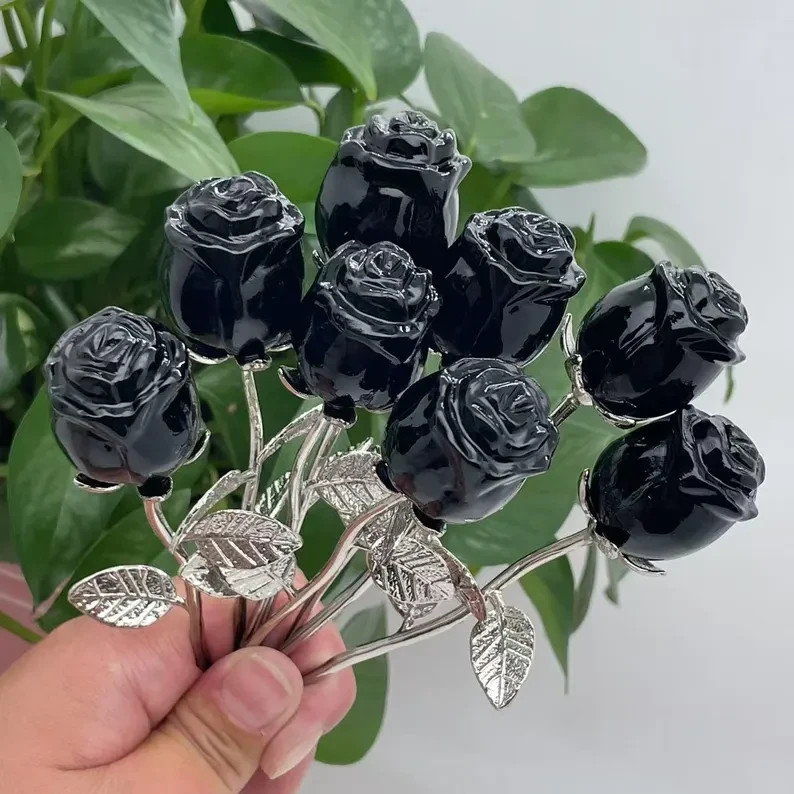 3PCS Genuine Black Obsidian Hand Carved Crystal Flower Healing Reiki Home Decor