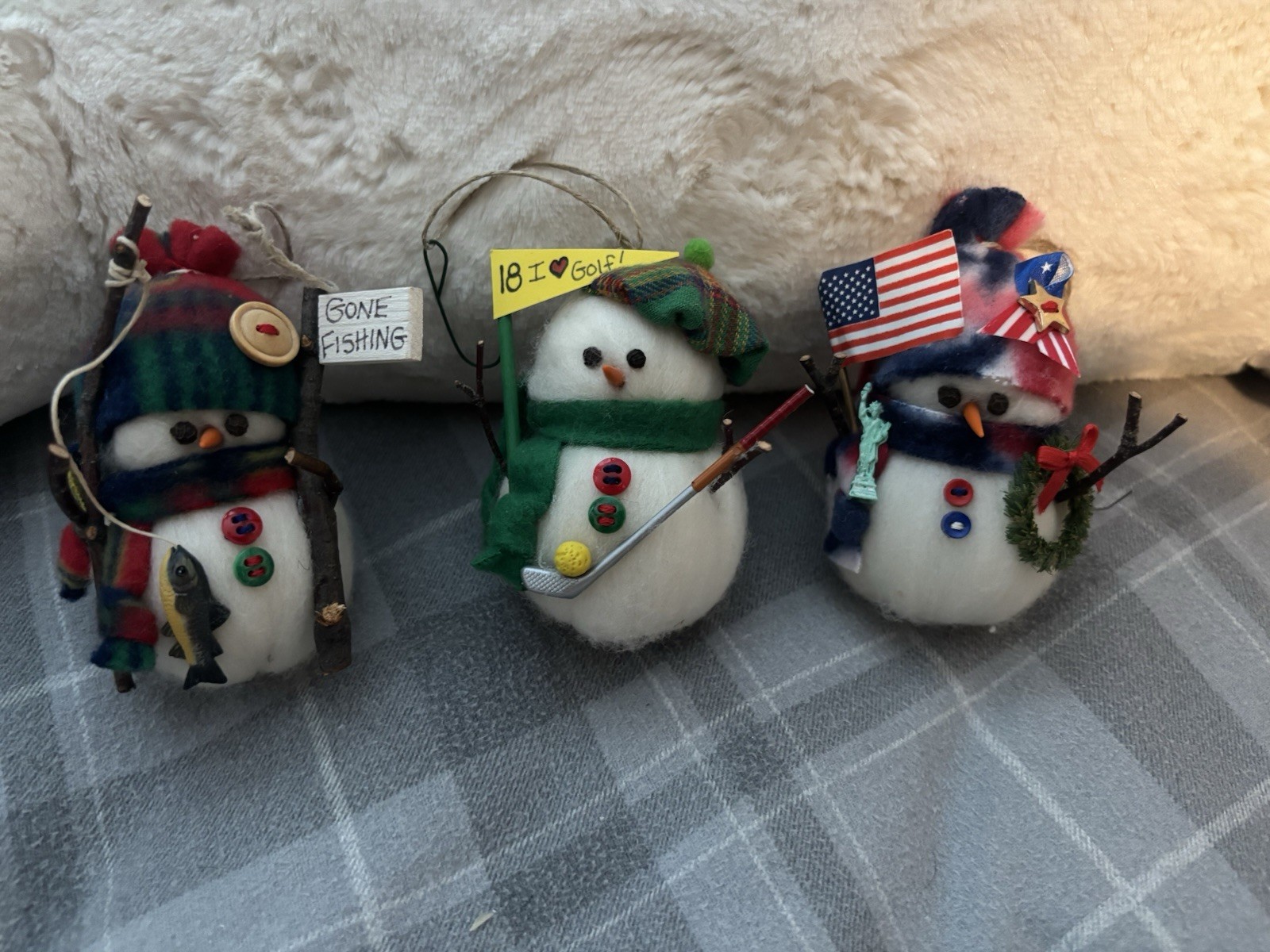 Vtg Set of 3 Handmade Plush Snowman Christmas Ornaments 4\