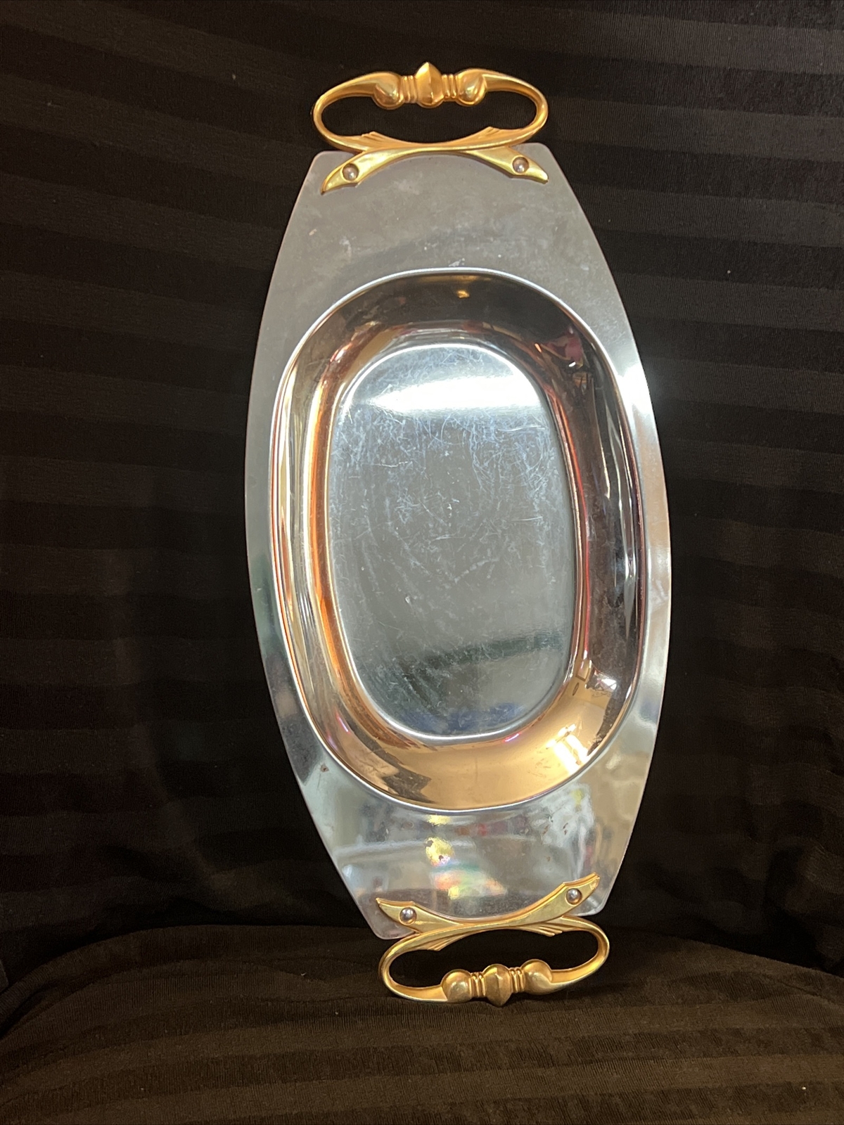 Vintage 60's Kromex Serving Tray Goldtone Handles 14