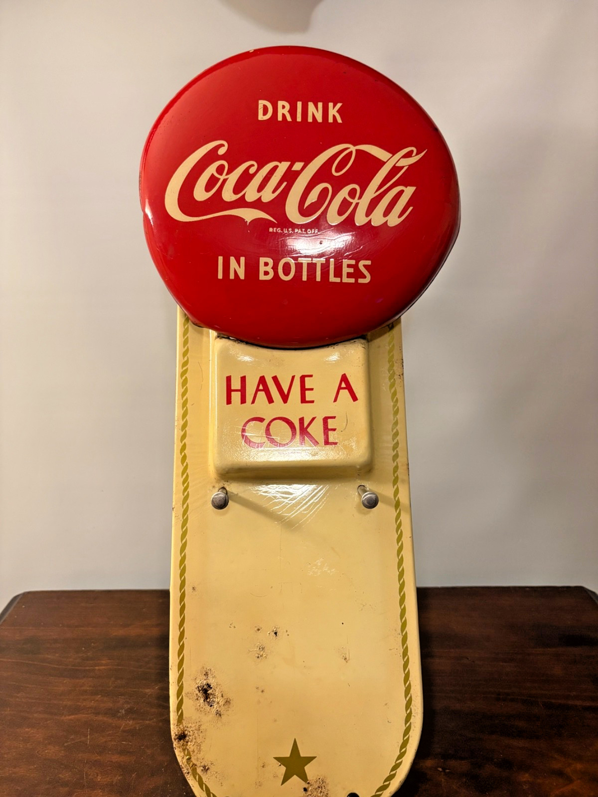 Vintage Coco-Cola Advertising Sign Calendar Holder Tin Button Have a Coke