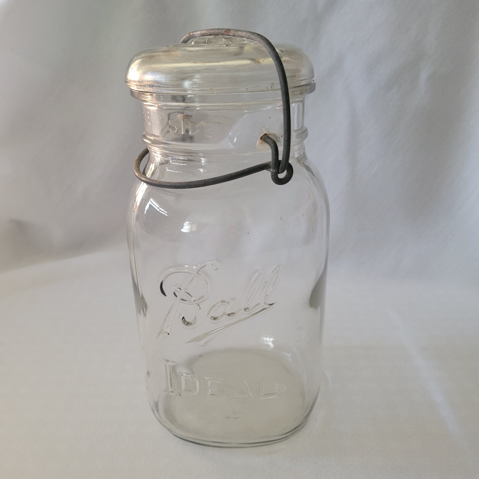 Vintage Ball Ideal Clear Mason Jar with Glass Lid 7 inches & Wire Bail 1933-1962