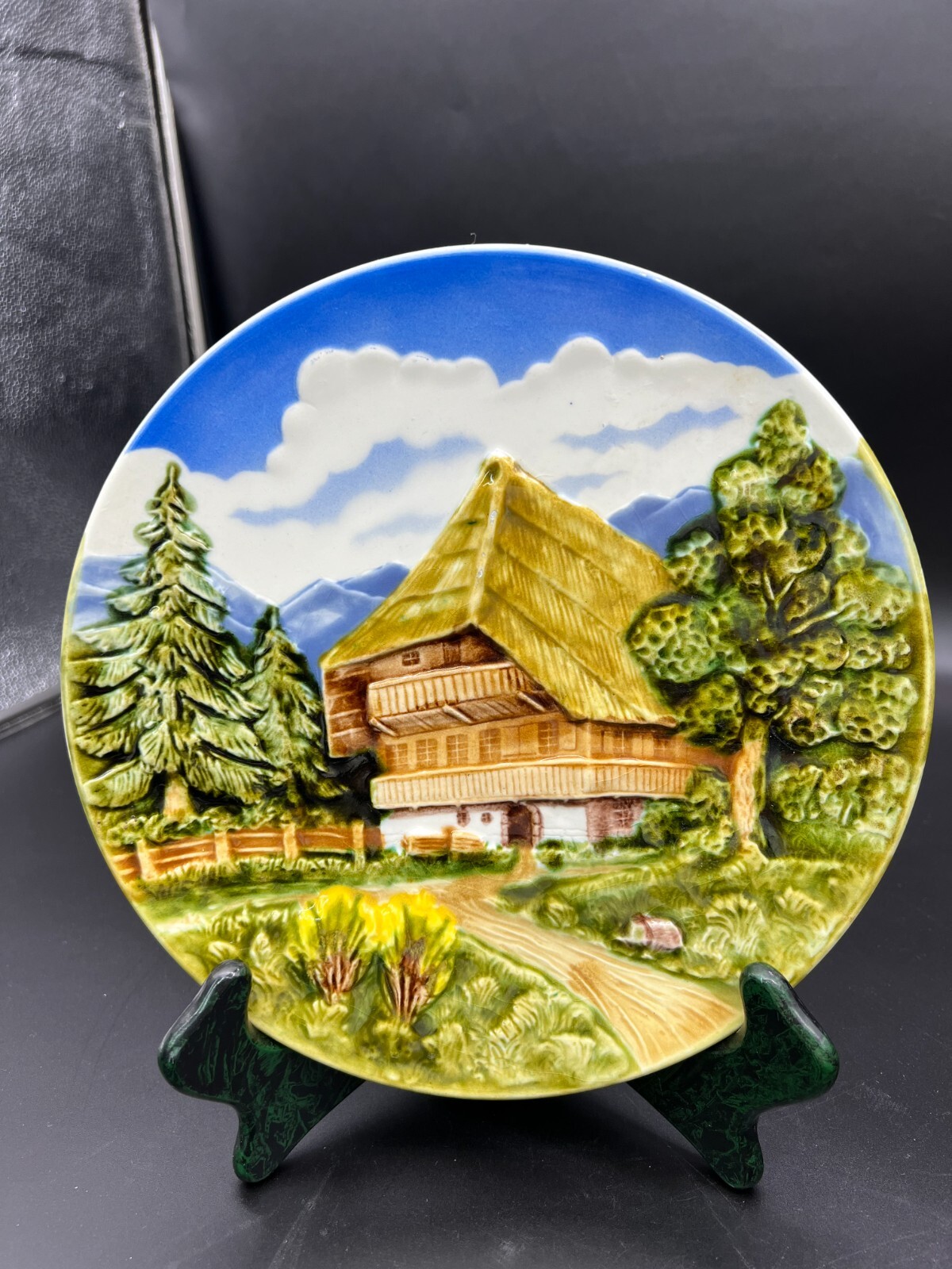 Germany Majolica Bas Relief Plate-Chalet in the Woods