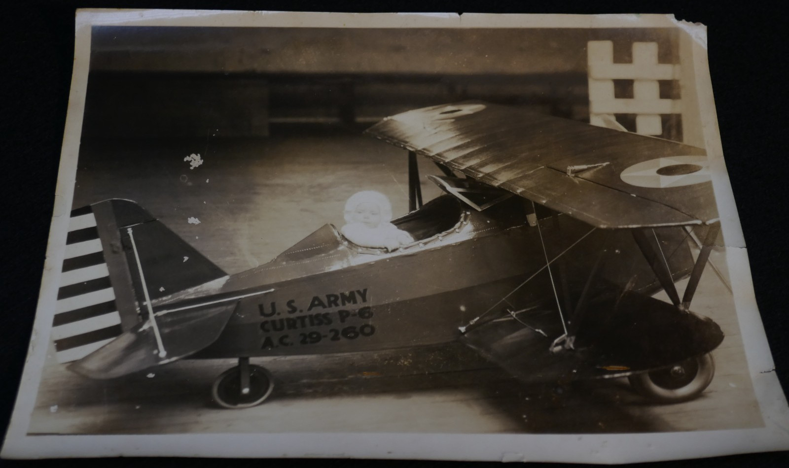 1930\'s 8x10 Unknown Wealthy Child in Toy US Army Curtiss P-6 Biplane Photograph