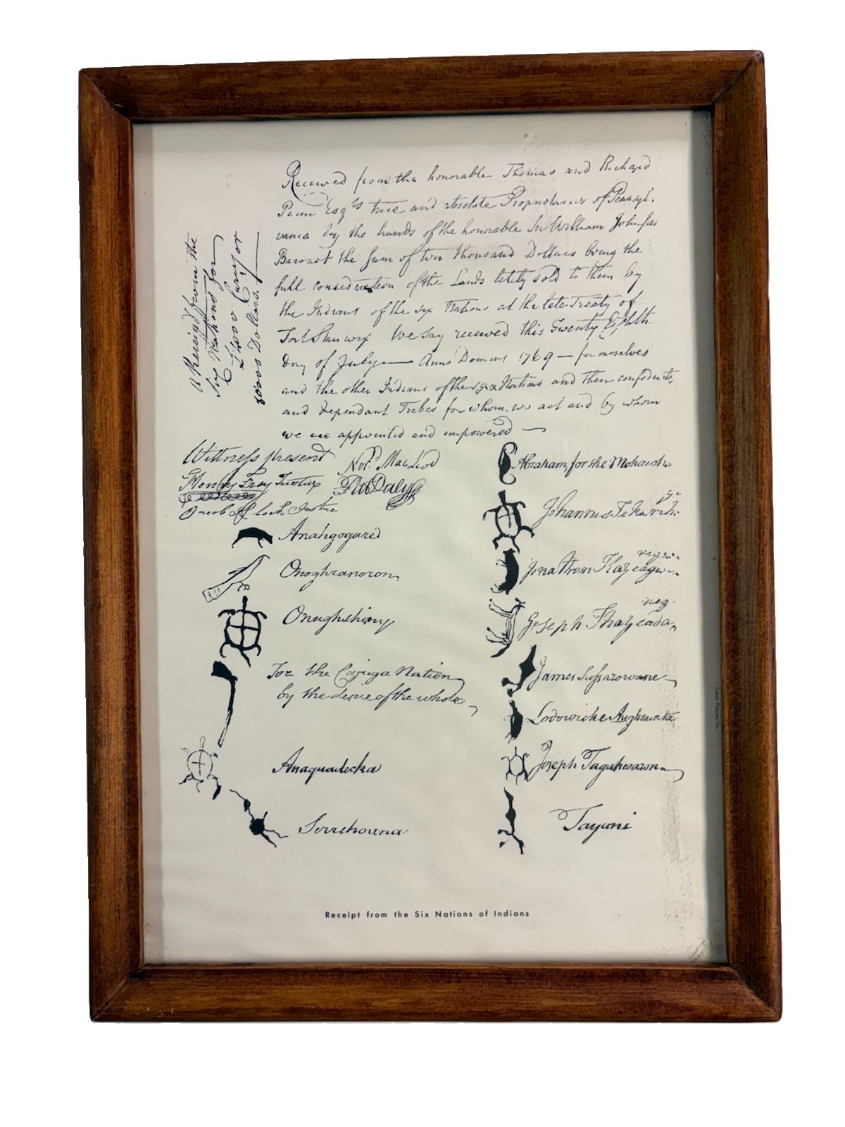 Vtg Culver Pictures 1769 Signatures of Six Nations of Indians Framed Facsimile