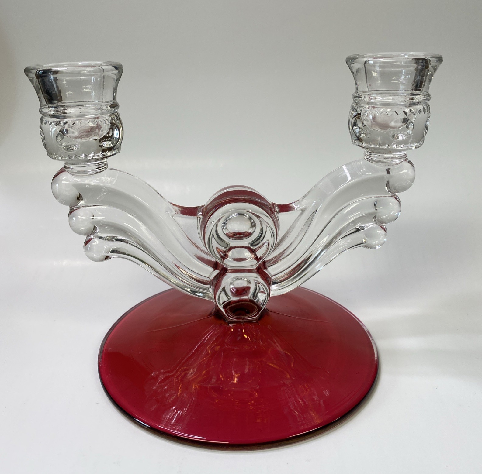 1 Tiffin-Franciscan Kings Crown Ruby Flashed Double Light Candle Holder
