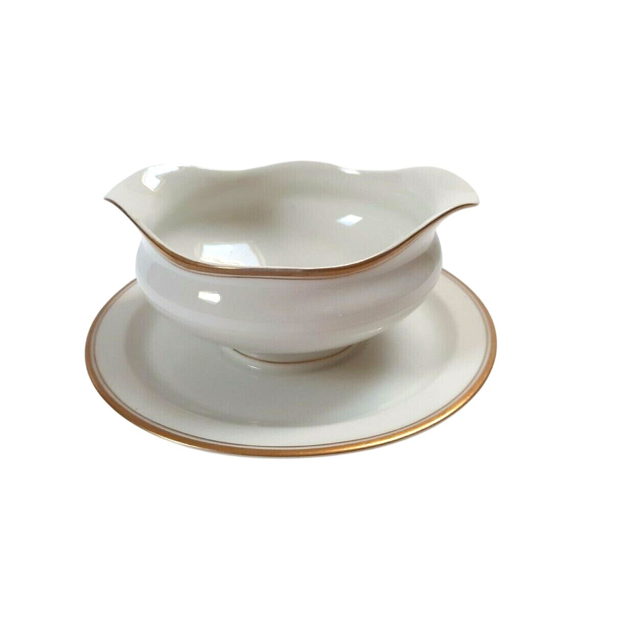 O.P. Co. Syracuse China Gravy Boat with Attached Underplate White Gold Trim