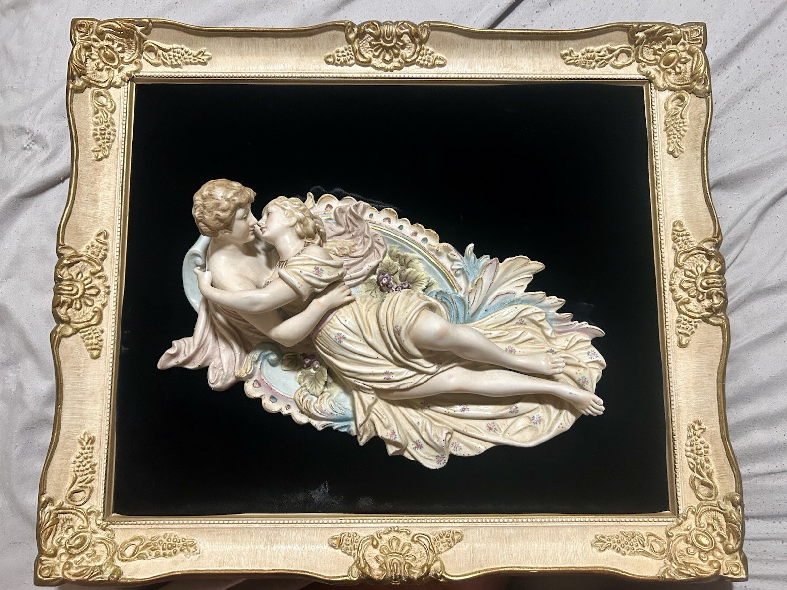 Pair 1950\'s Framed  Relief Capodimonte Romantic Bisque Porcelain Lovers Plaque