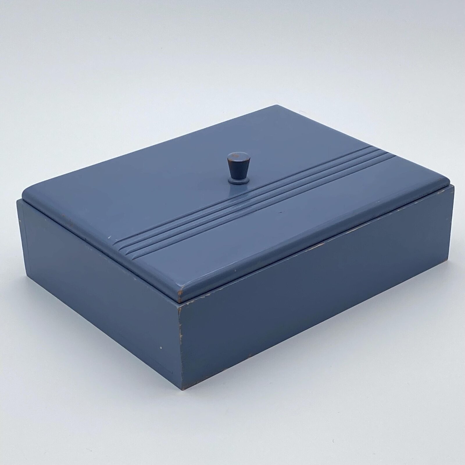 Vintage Periwinkle Blue Wooden Keepsake Box Art Deco Lid Jewelry Storage Case