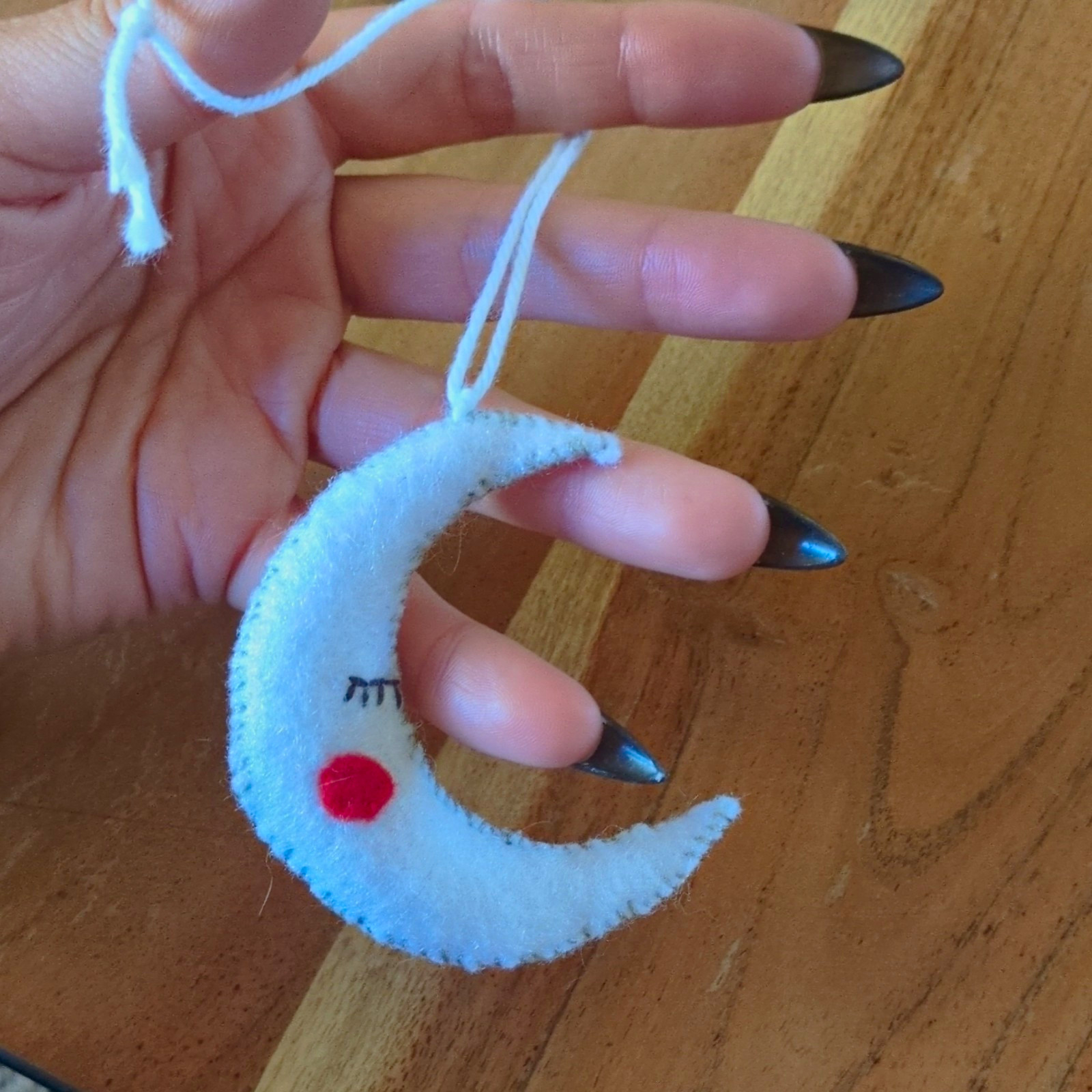 OOAK Small Hand Stitched Felt White And Red Hanging Moon Decorative Folk Art