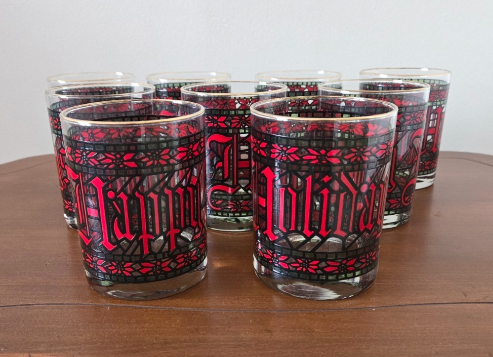 Vintage 70\'s Houze Glass Happy Holidays Tumblers Set 9 MCM Red/Grn/Blk Barware