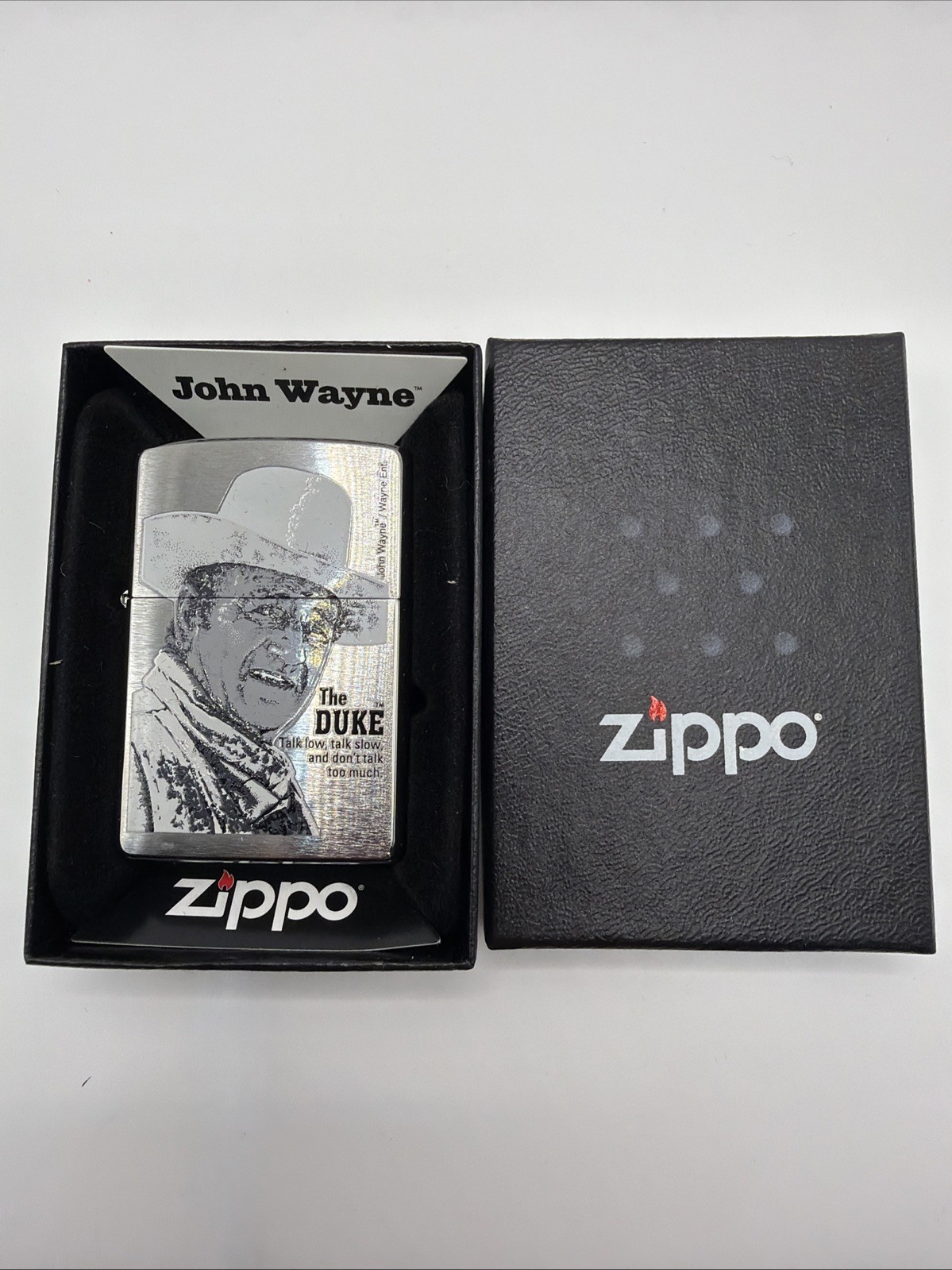 Zippo John Wayne Collection, The Duke, Talk Low, Talk Slow - New, Unfired, Box Zippo John Wayne Collection, The Duke, Talk Low, Talk Slow - New, Unfired, Box