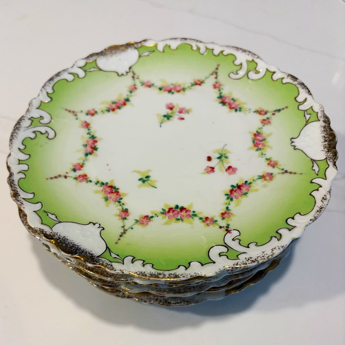 Set of 7 Antique Elbogen Carlsbad Austria Porcelain Plates Pink Rose Green Rim Set of 7 Antique Elbogen Carlsbad Austria Porcelain Plates Pink Rose Green Rim