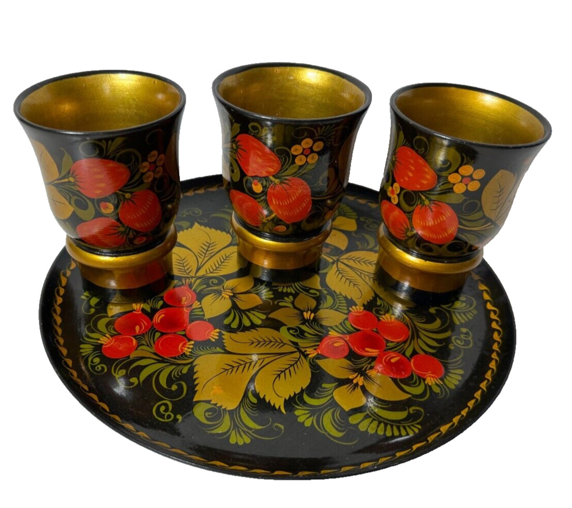 VINTAGE 4 Piece Russian Hand Painted Lacquered Wood Cup & PlasticTray