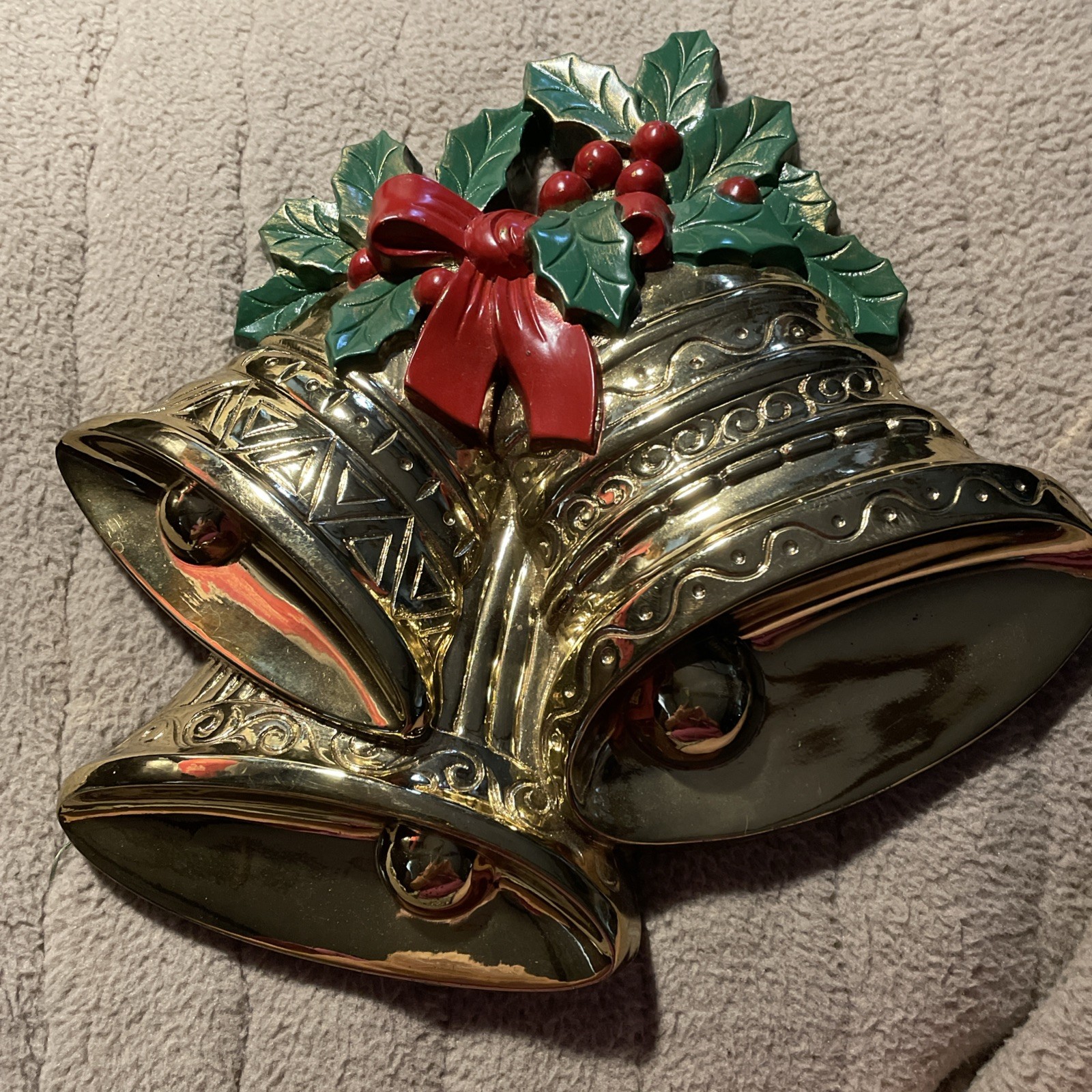 Vintage Burwood Christmas Gold Bells Holly Wall Door Decor 1991 Vintage Burwood Christmas Gold Bells Holly Wall Door Decor 1991