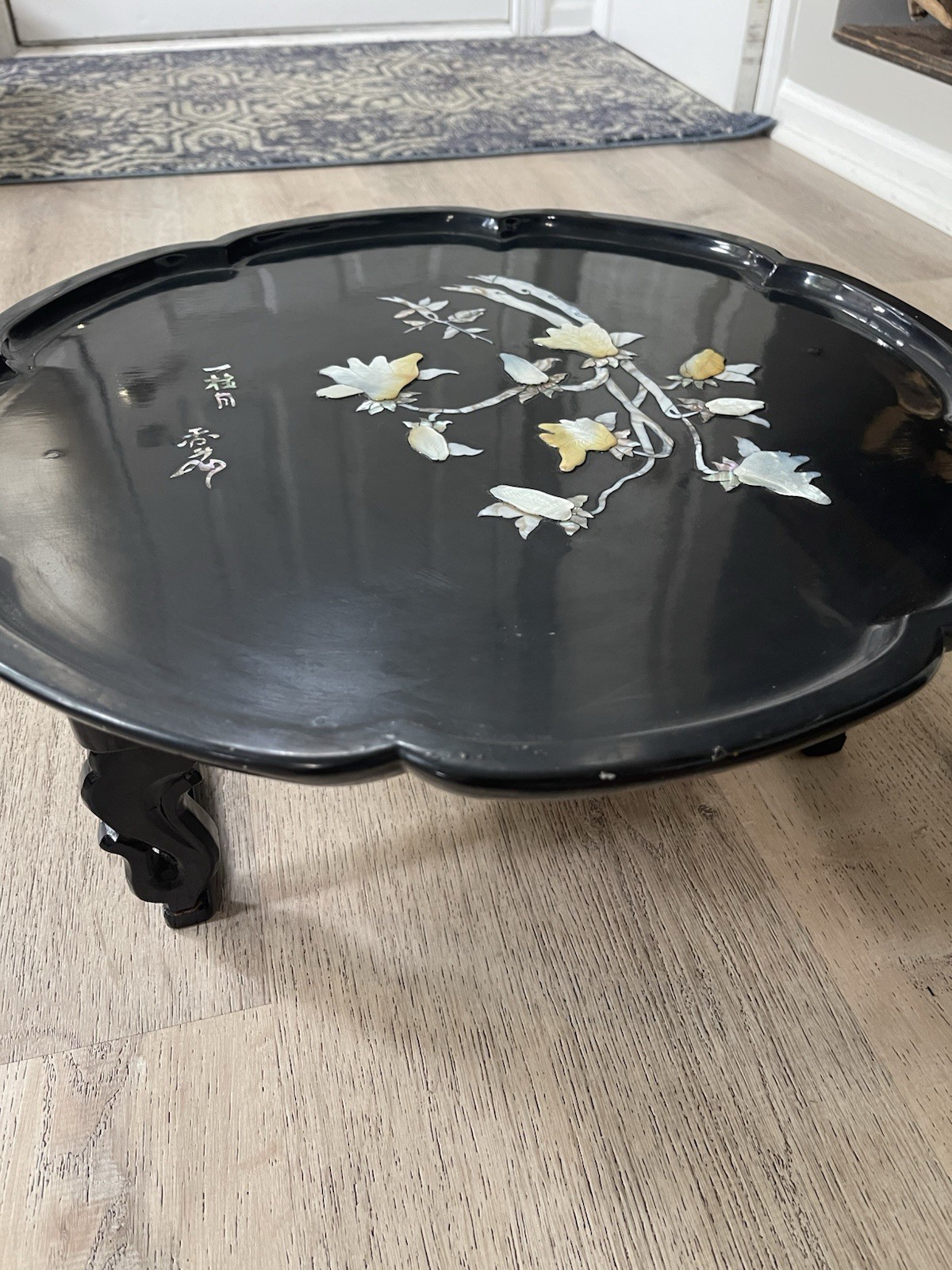VTG Korean Black Lacquer Mother of Pearl Inlay Tea Table 18” Folding Legs