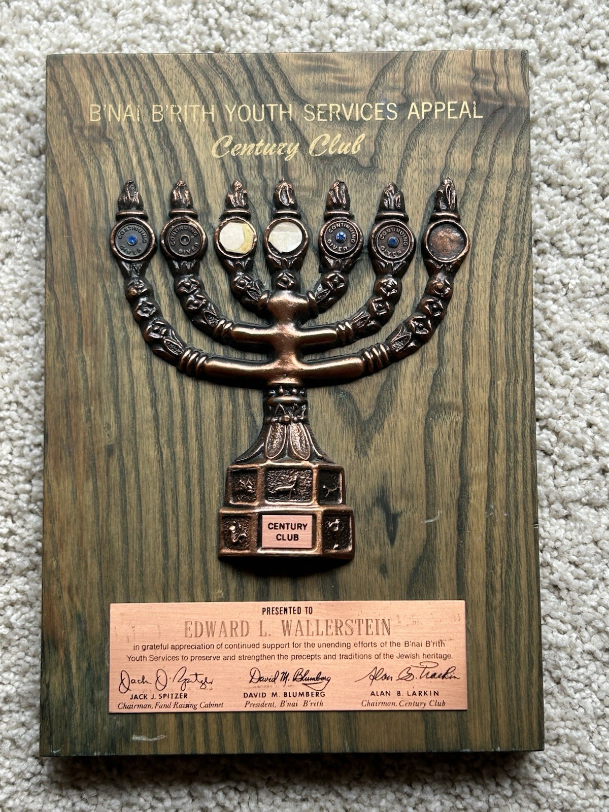 Vintage BBYO Award Plaque B\'nai B\'rith Youth Organization Century Club