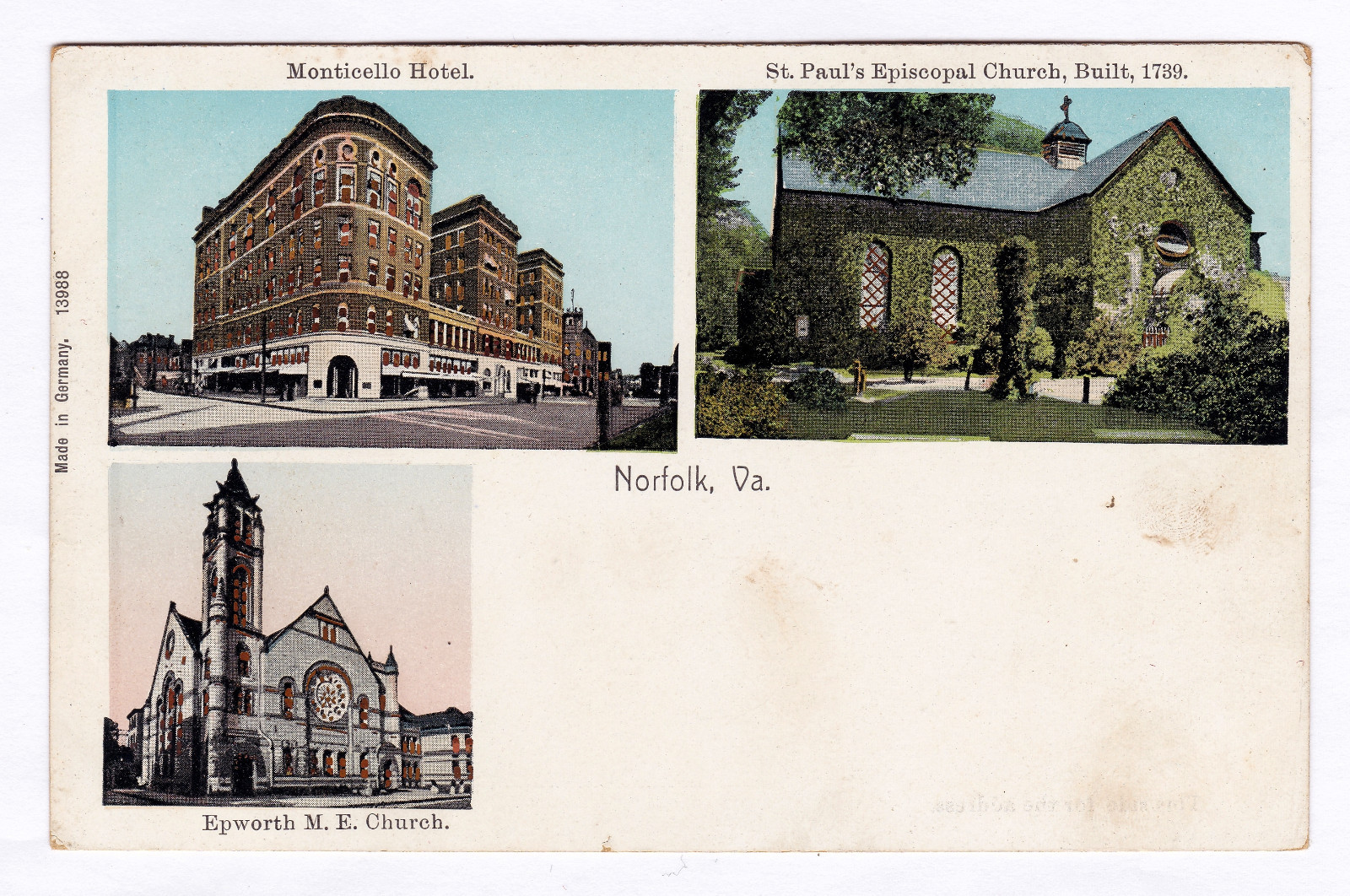 1901 Norfolk VA 3 Views Postcard Monticello Hotel/St. Paul\'s/Epworth M.E. Church