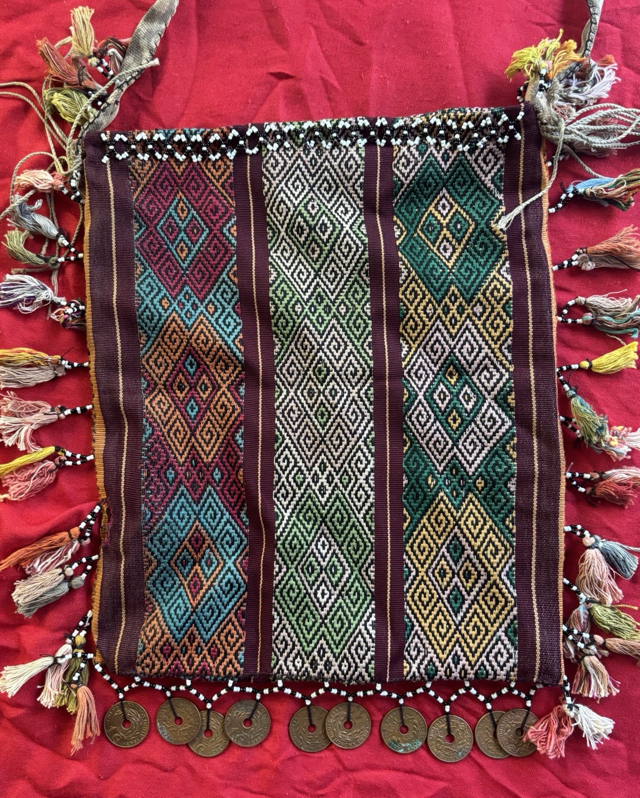Indonesian Flores/Timor Woven Purse Coins Beads Tassels Ceremonial Textile Vtg 