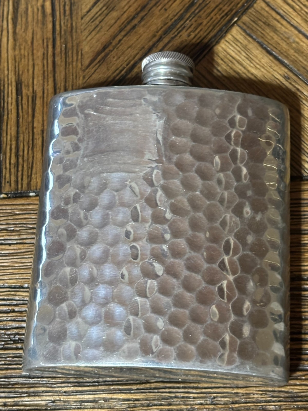 Vintage Hammered English Pewter Flask 3 Ounce Curved Screw Top Made In England Vintage Hammered English Pewter Flask 3 Ounce Curved Screw Top Made In England