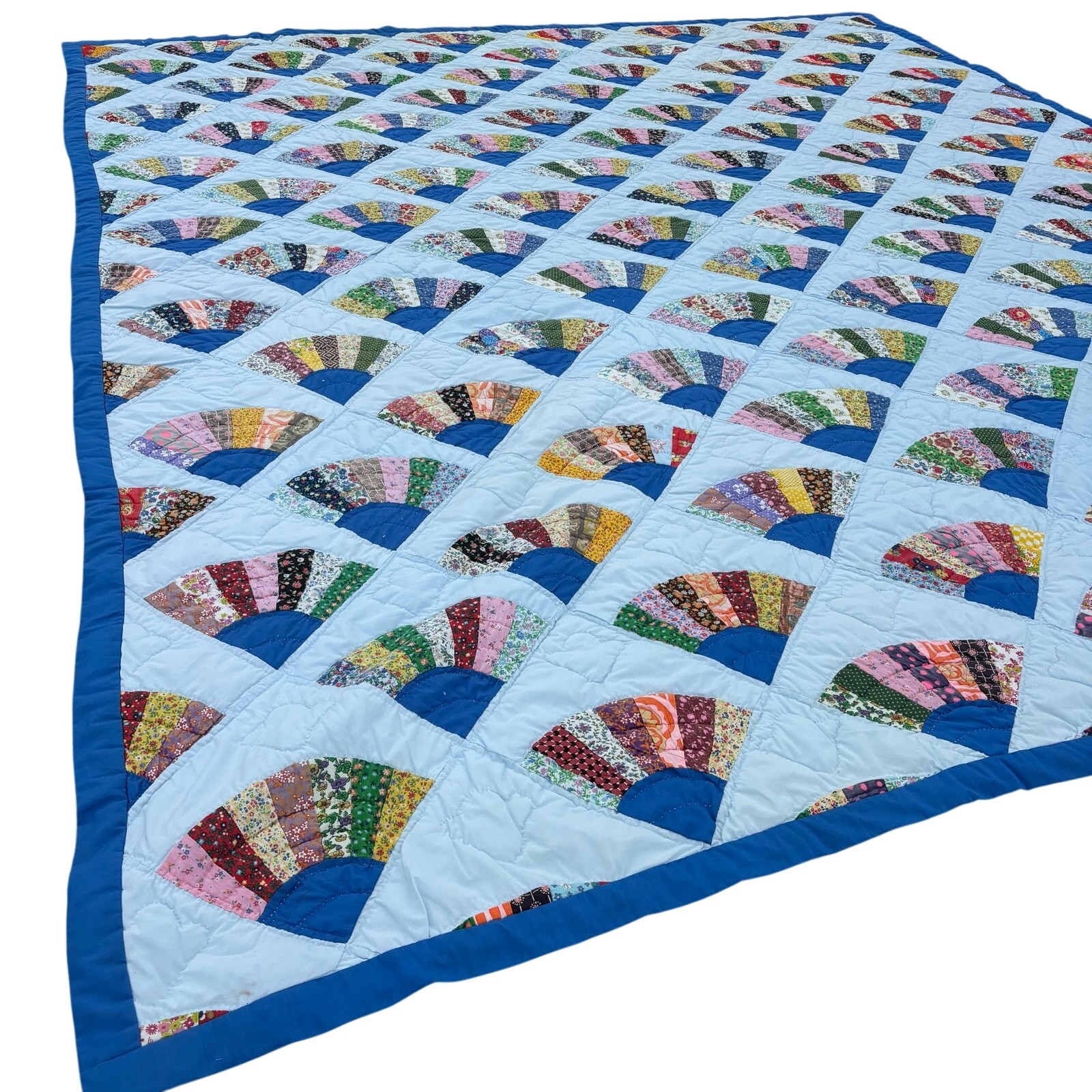 Vtg Patchwork Quilt Grandmother’s Fan Pattern 84”x97” Hand Made Cotton Blue Vtg Patchwork Quilt Grandmother’s Fan Pattern 84”x97” Hand Made Cotton Blue