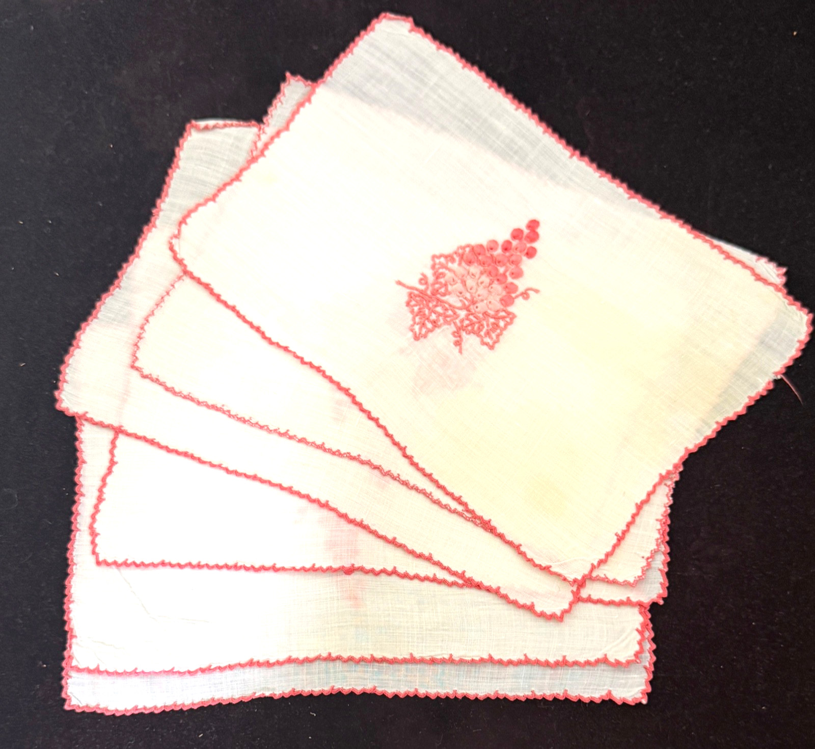6 Vintage Marghab Hand Embroidered Cocktail Napkins - “Grape and Leaf”  B327