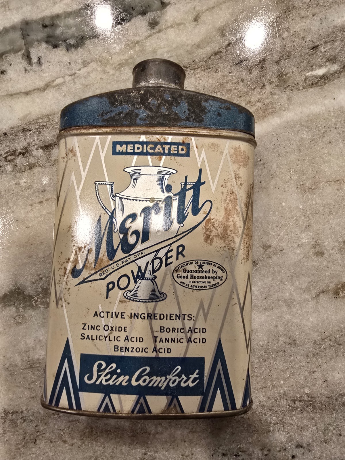 Vintage Tin Meritt Powder Medicated  Skin Comfort 2 Oz Blue Display  40’s/50’s