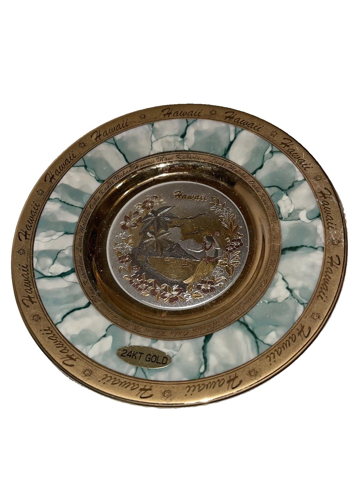 Vtg The Art Of Chokin Hawaii 24K Gold Edged Green Porcelain 6.5\