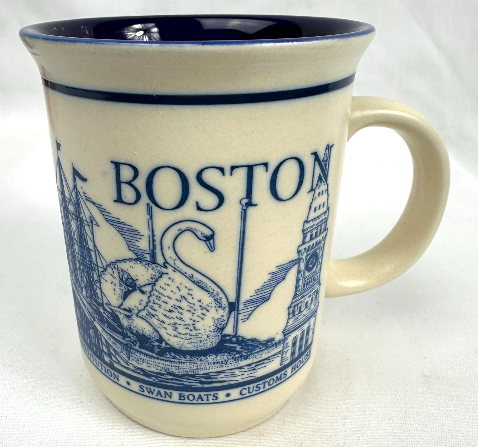Vintage Boston Souvenir Stoneware Mug Cobalt Blue Faneuil Hall Paul Revere
