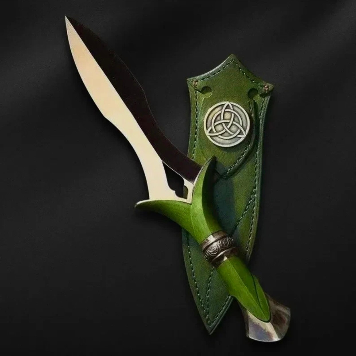 Celtic Triquetra Athame with Green Leather Sheath | Decorative Celtic Collectibl