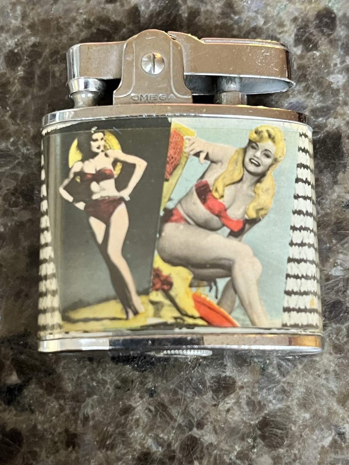 Bright Vintage 1950’s Omega Four Image Pinup Lighter Burlesque Bikini Model