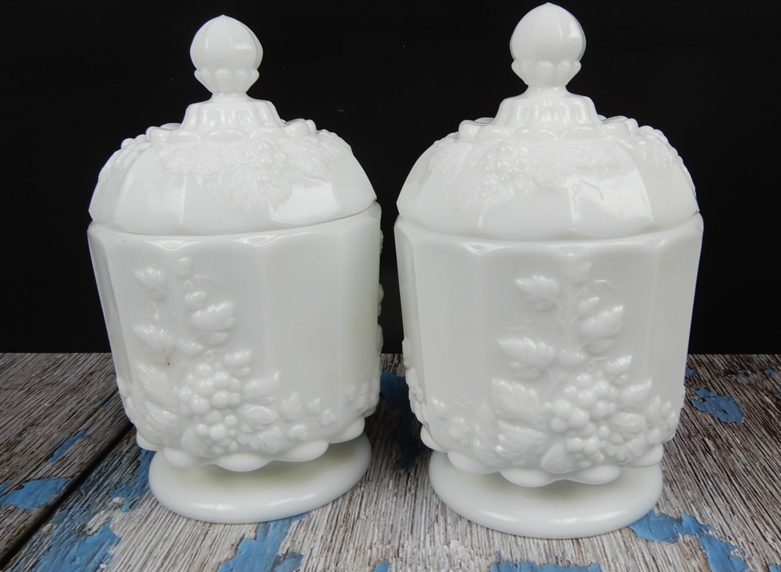 Two Milk Glass Jar Lidded Grape Leaf Design Dome Topper White Westmoreland