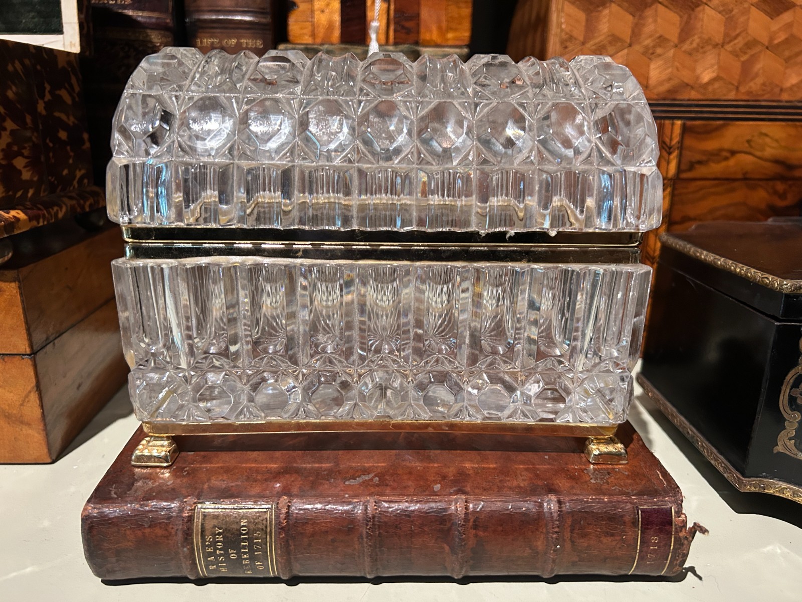 Vintage Large Glass Domed Footed Jewelry Casket Box