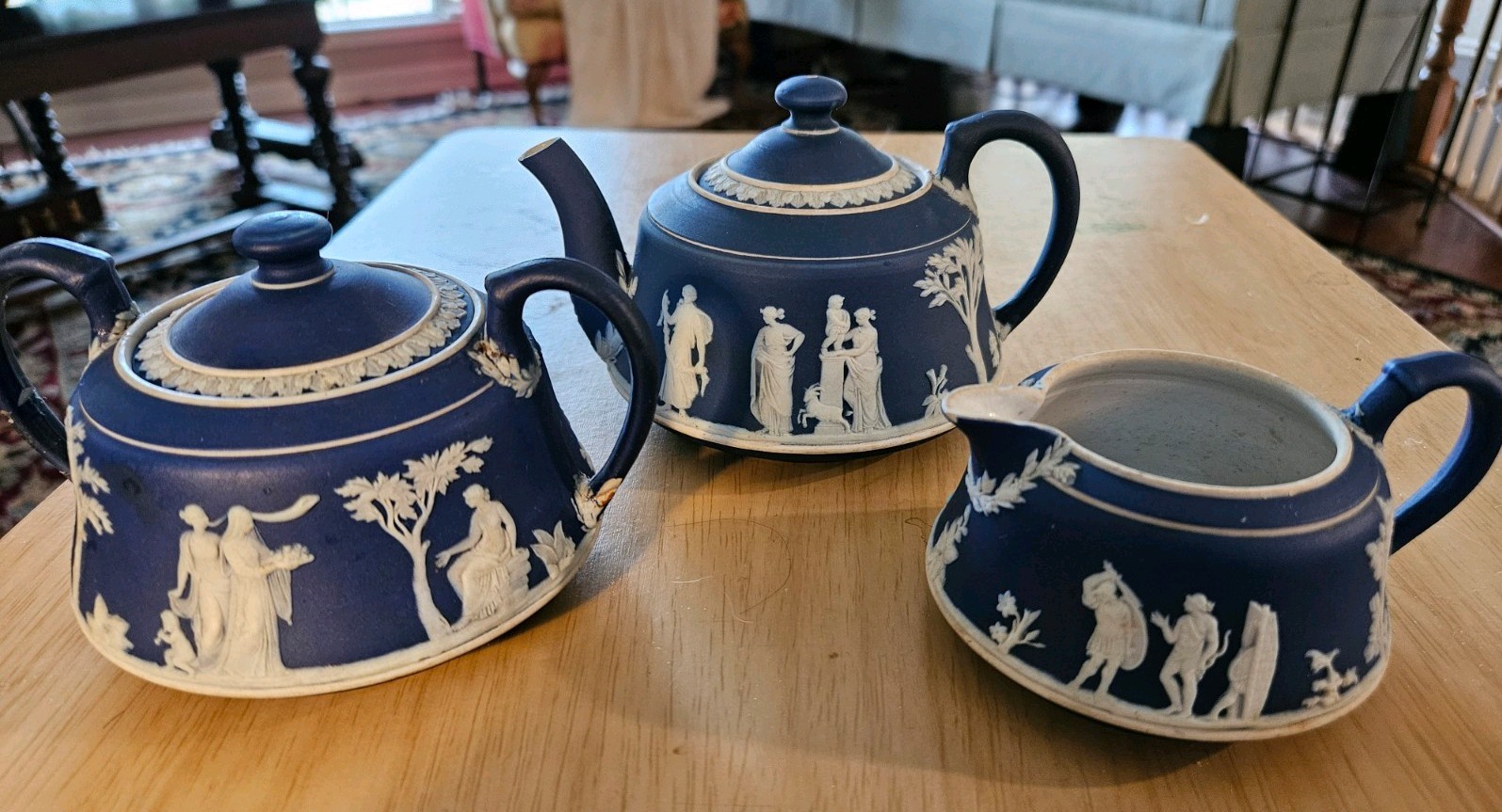 One (1) Antique 3-Piece WEDGWOOD England Jasperware Tea Set, Cobalt Blue / White