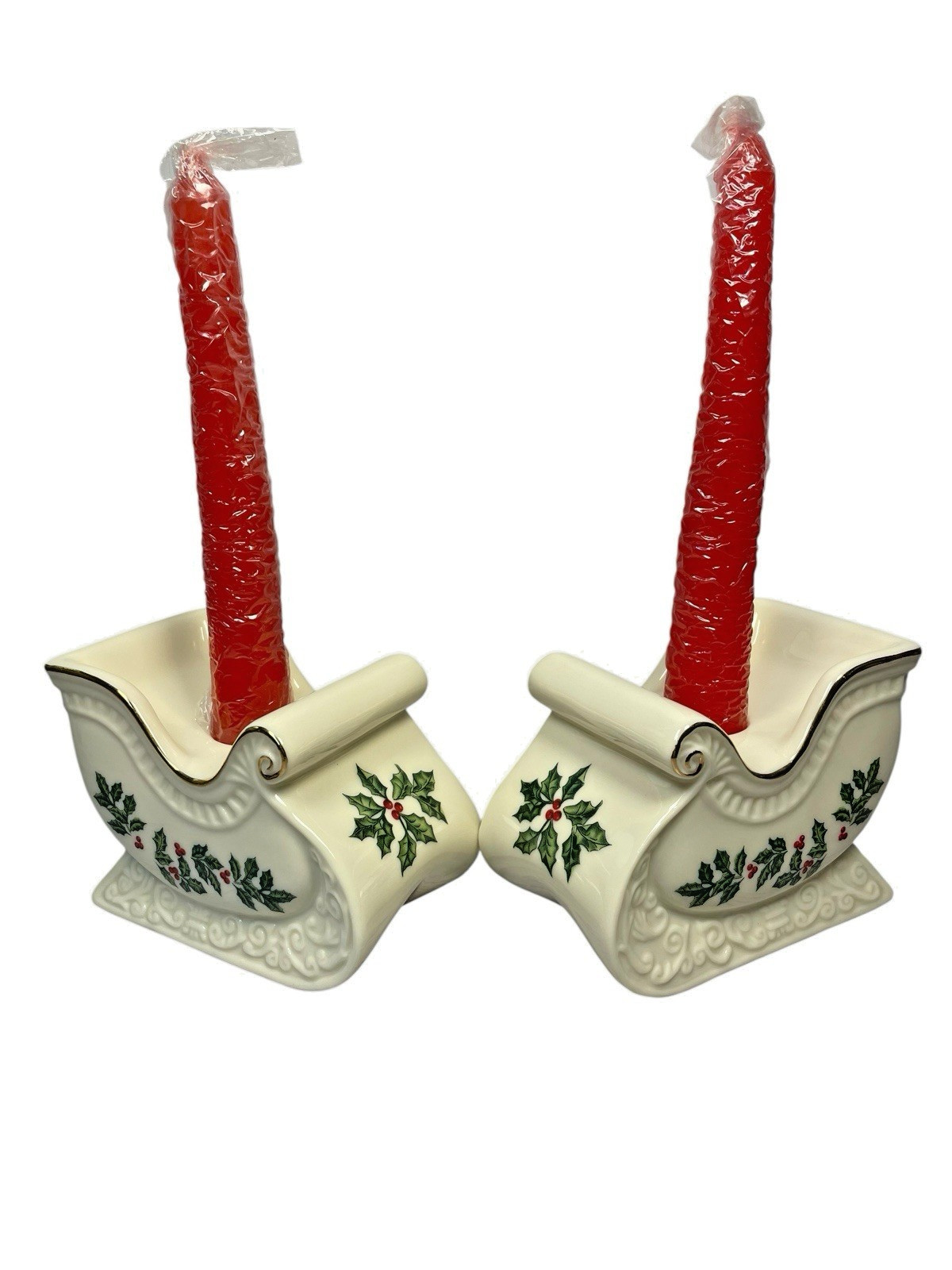 VTG Formalities Baum Bros Christmas Holly Sleigh Candle Holder Set 2 Gold Ivory