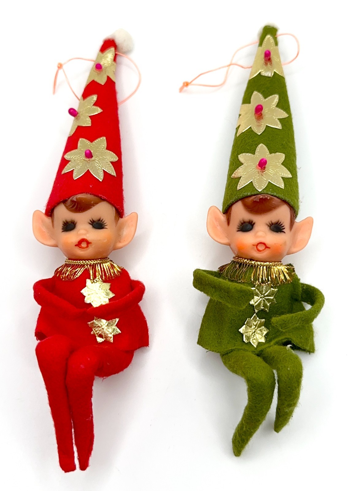 (2) GORGEOUS Vintage CHRISTMAS Pixie Elf Knee Hugger Tall Cone Hat Japan PAIR