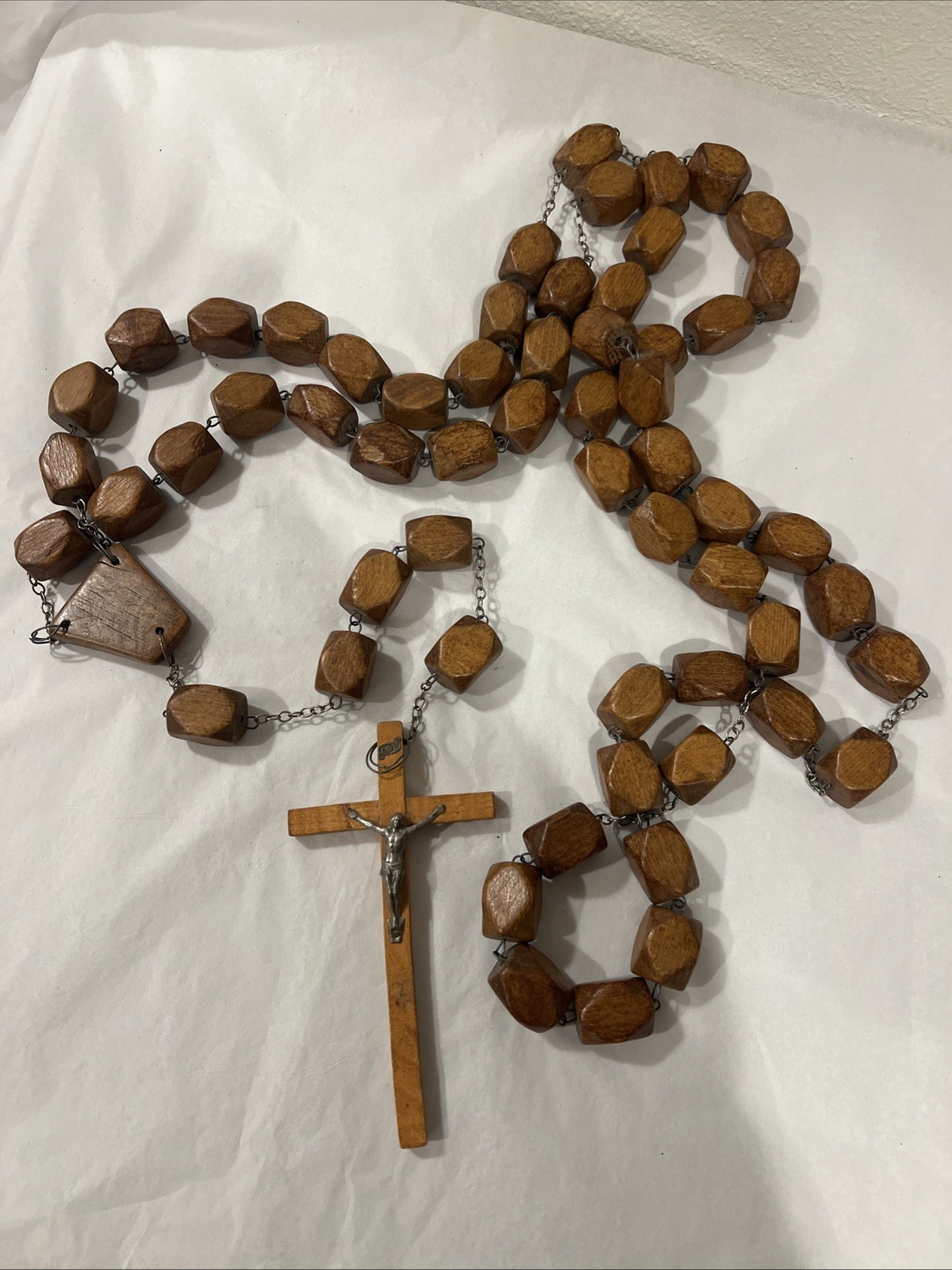 Vtg Mid Century Hand Crafted Wall Wooden Handmade Rosary Prayer Beads Cross