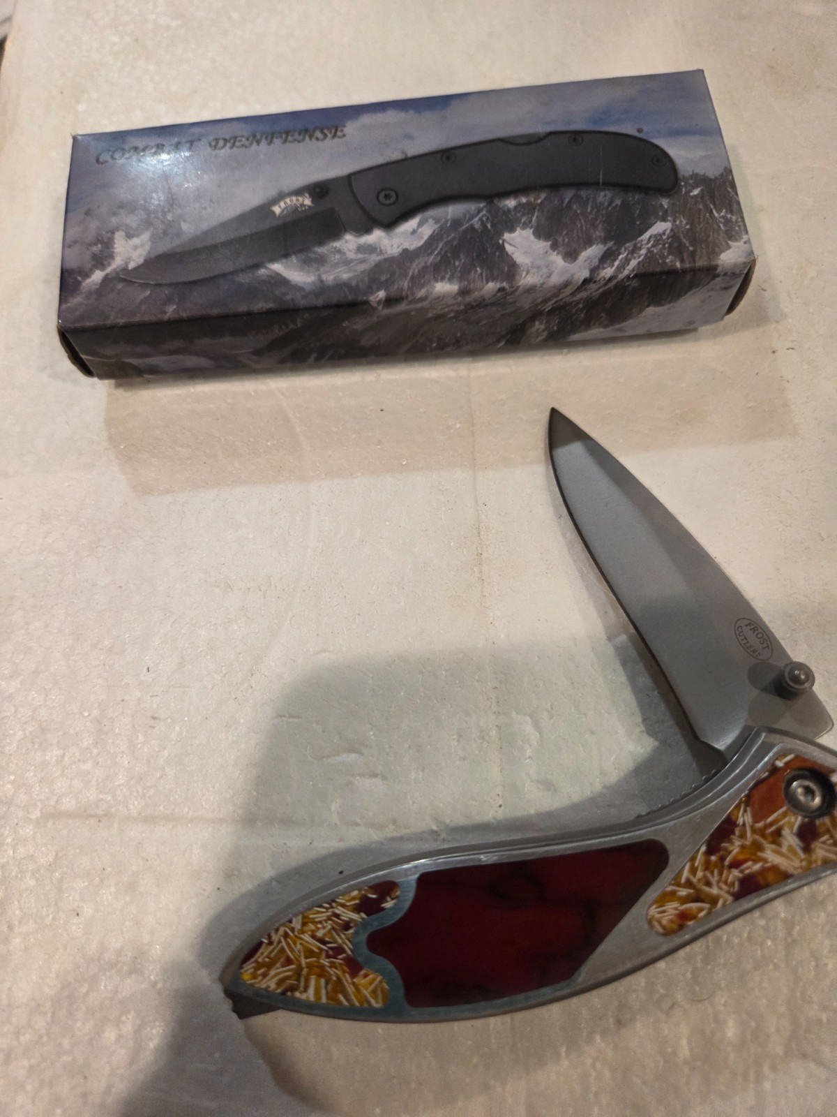 m.prater abd combat defense red turquoise and mother of pearl folding knife