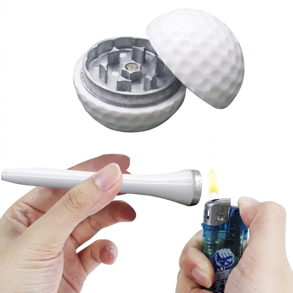 Golf Ball Herb Grinder with Golf Tee Pipe One Hitter Tobacco Spice Grinders Set